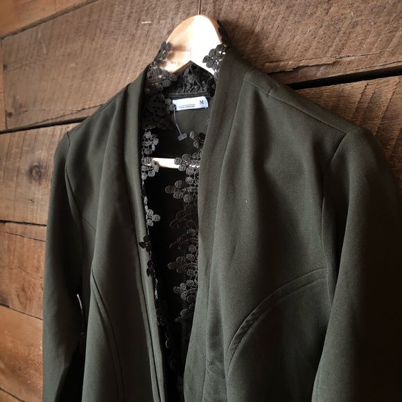 Open Front Blazer w Crochet Lace Trim in Olive - Picture 1 of 11
